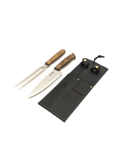 Set Tenedor + Cuchillo Parrillero F/Cuero Negro